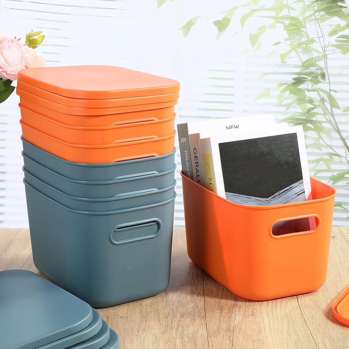 Hoolerry 8 Pieces Colorful Storage Bins with Lid, Plastic Storage Basket Organizing Container Stackable Box with Handle for Shelves Desktop Playroom Office(10.2 x 7 x 6.3 Inch,Blue and Orange)