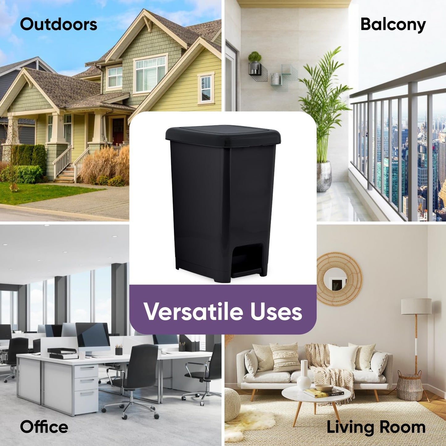 Superio Slim Step On Trash Can 6.5 Gallon, Black Waste Bin with Foot Pedal Lid 26 Liter, Kitchen, Under Desk, Office, Bedroom, Bathroom