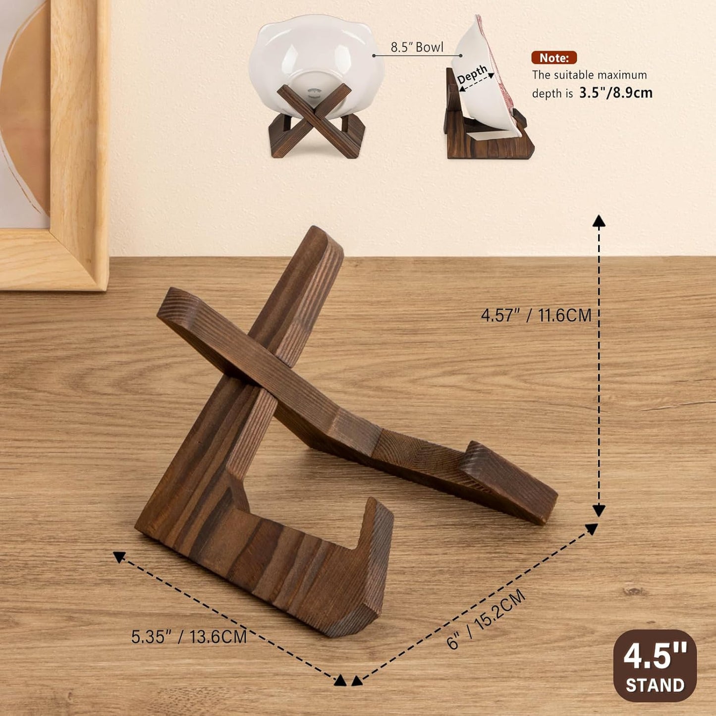 Bowl Stands for Display, 3 Pack 4.5 Inch Plate Holder, Wooden Easel Frame Holder, Display Stand for Large Deep Platters and Dishes, 4.5" H x 6.2" W x 5.5" D(For Bowls under 3.5" in Depth)