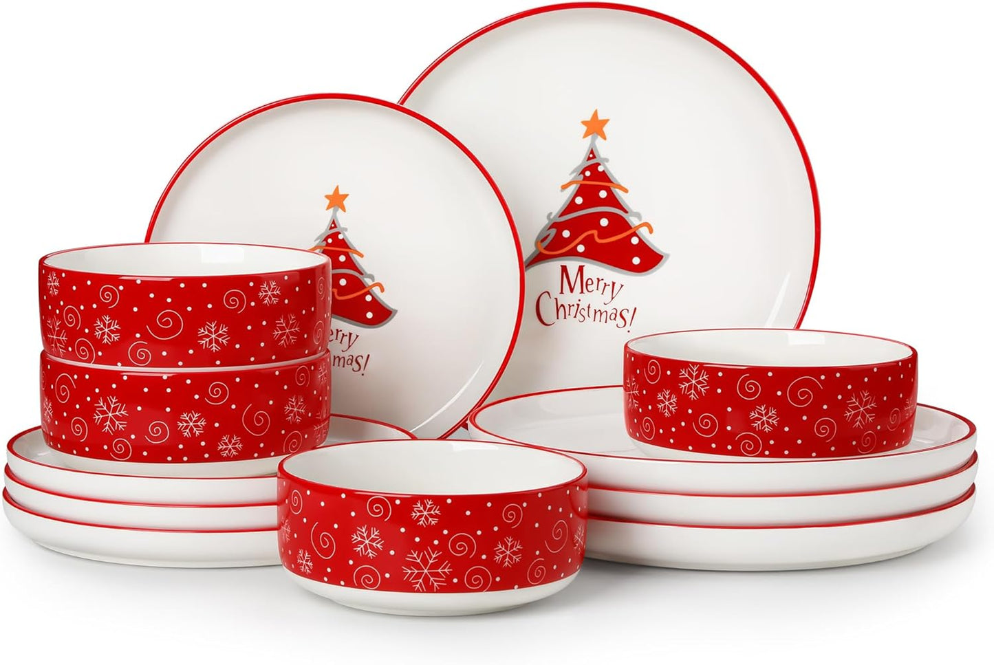 MALACASA Plates and Bowls Sets, 12 Pieces Christmas Porcelain Dinnerware Set for 4, Ceramic Dishware Dishes Kitchen Dining Ware Set, Microwave and Dishwasher Safe, Series LUNA-Christmas Tree