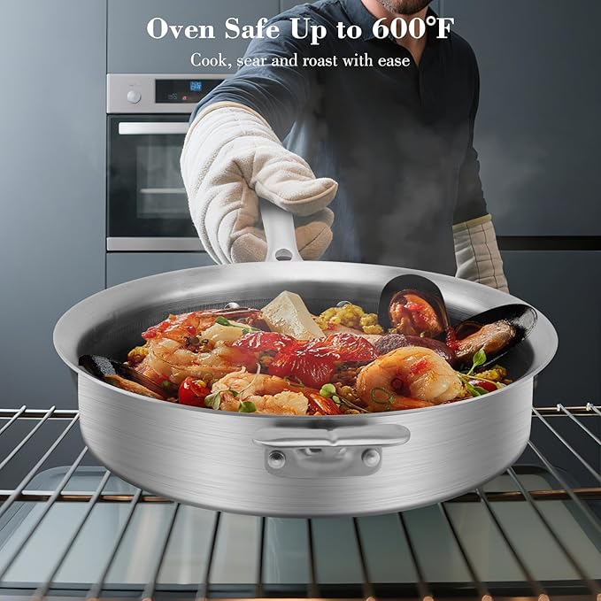 12 Inch Frying Pan Non Stick with Lid, Tri-ply Stainless Steel Saute Pan 5.2QT with Stainless Steel Lid, Fast and Even Heating Stay Cool Handles Induction Dishwasher & Oven Safe PFOA Free Cookware