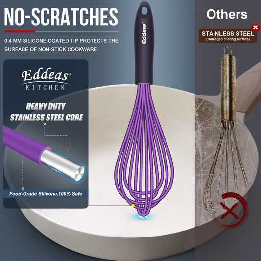 Silicone Whisk, 500°F Heat Resistant Non Scratch Coated Whisks for Cooking Baking Balloon wisk, Kitchen Whisk Tool Set, for Stirring, Beating & Blending of 3 Size 7.5"+ 9" +11 inch