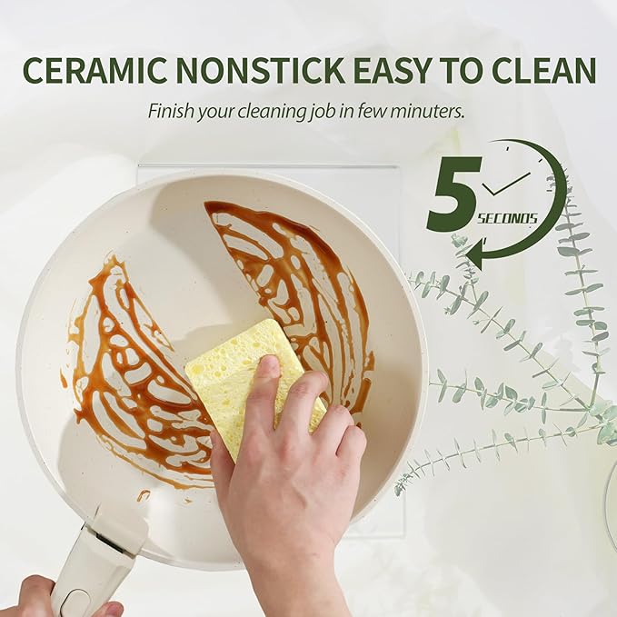 Nonstick Ceramic Cookware Set 21PCS with Detachable Handle, Pans and Pots Set, RV Kitchen Set Cookware Set, with Removable Handles, Oven Safe, Induction Ready, Stackable Non-stick Set