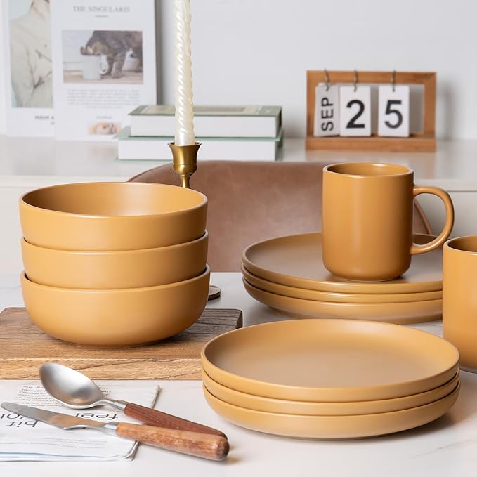 12-Piece Matte Orange Dinnerware Set,Stoneware Dinnerware for 3, Microwave & Dishwasher Safe, Stackable Design for Kitchen and Dining - Plates,Bowls and Mugs