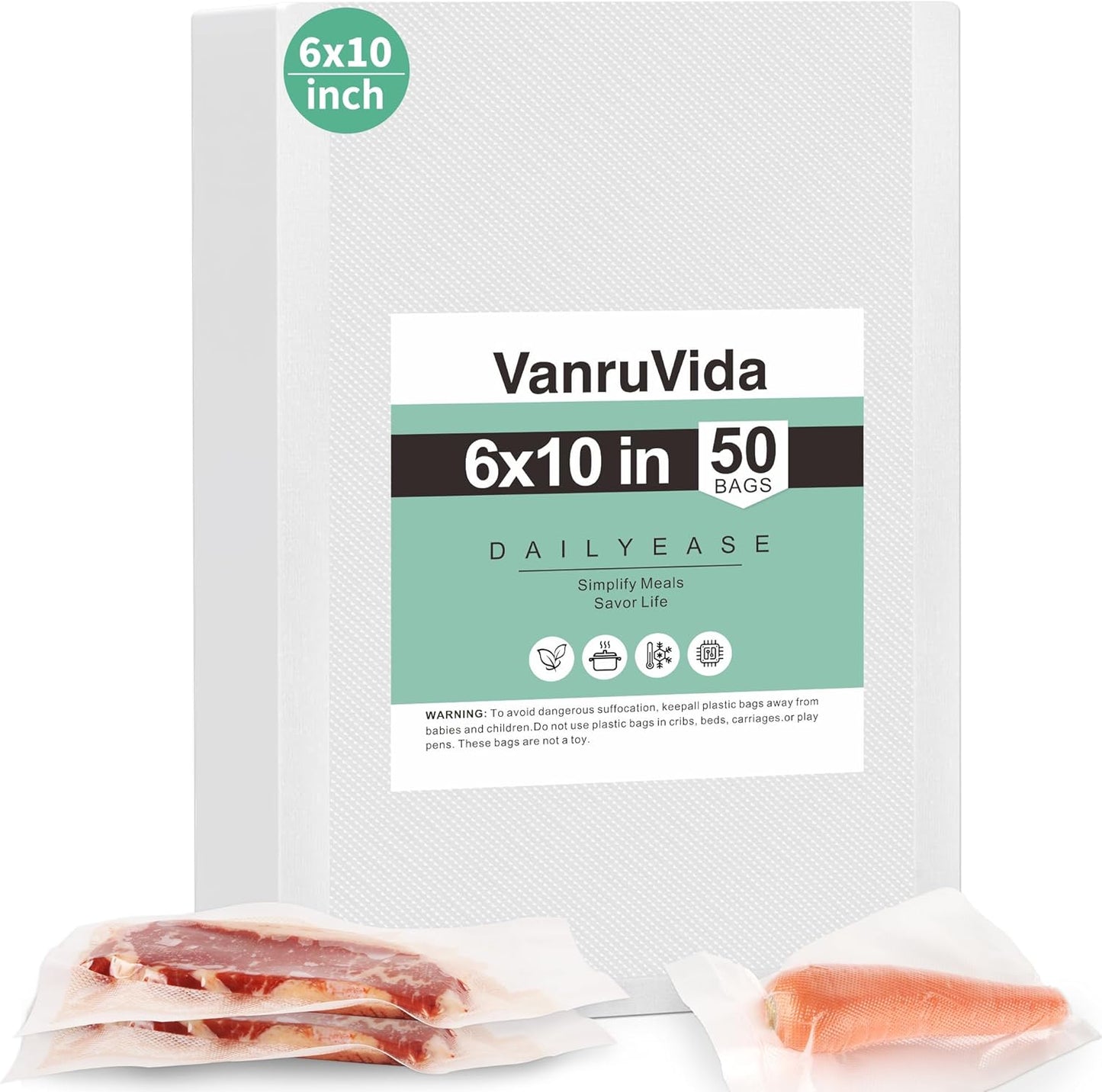 VanruVida 50 Count Vacuum Sealer Bags,6” x 10” Pre-Cut Pint Size,Commercial Grade Textured with Double Tear Notches,BPA Free,Food Storage Bags for Freezer, Meal Prep, or Sous Vide
