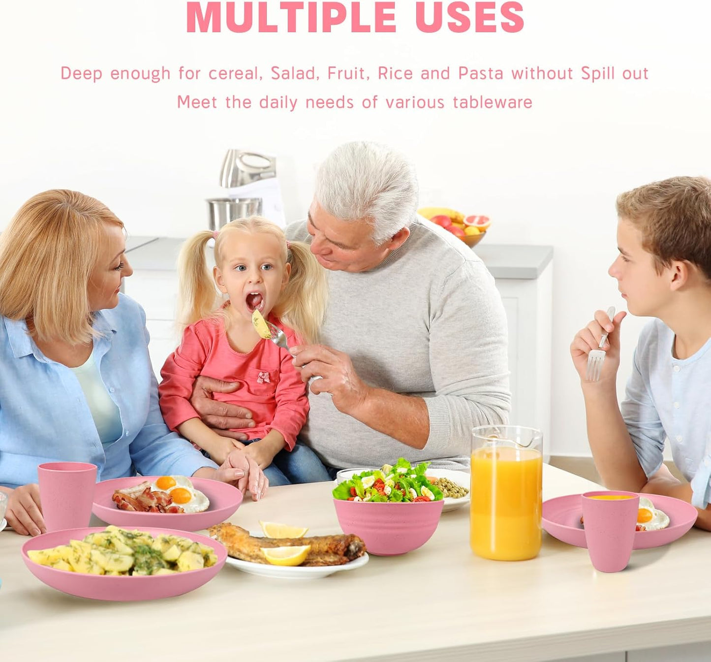 Kitchen Wheat Straw Dinnerware Sets (33pcs) Attached cleaning brush,Service For 8,Plastic Plates and Bowls Sets,Unbreakable Dinnerware,Lightweight Plastic Plate Set (pink)