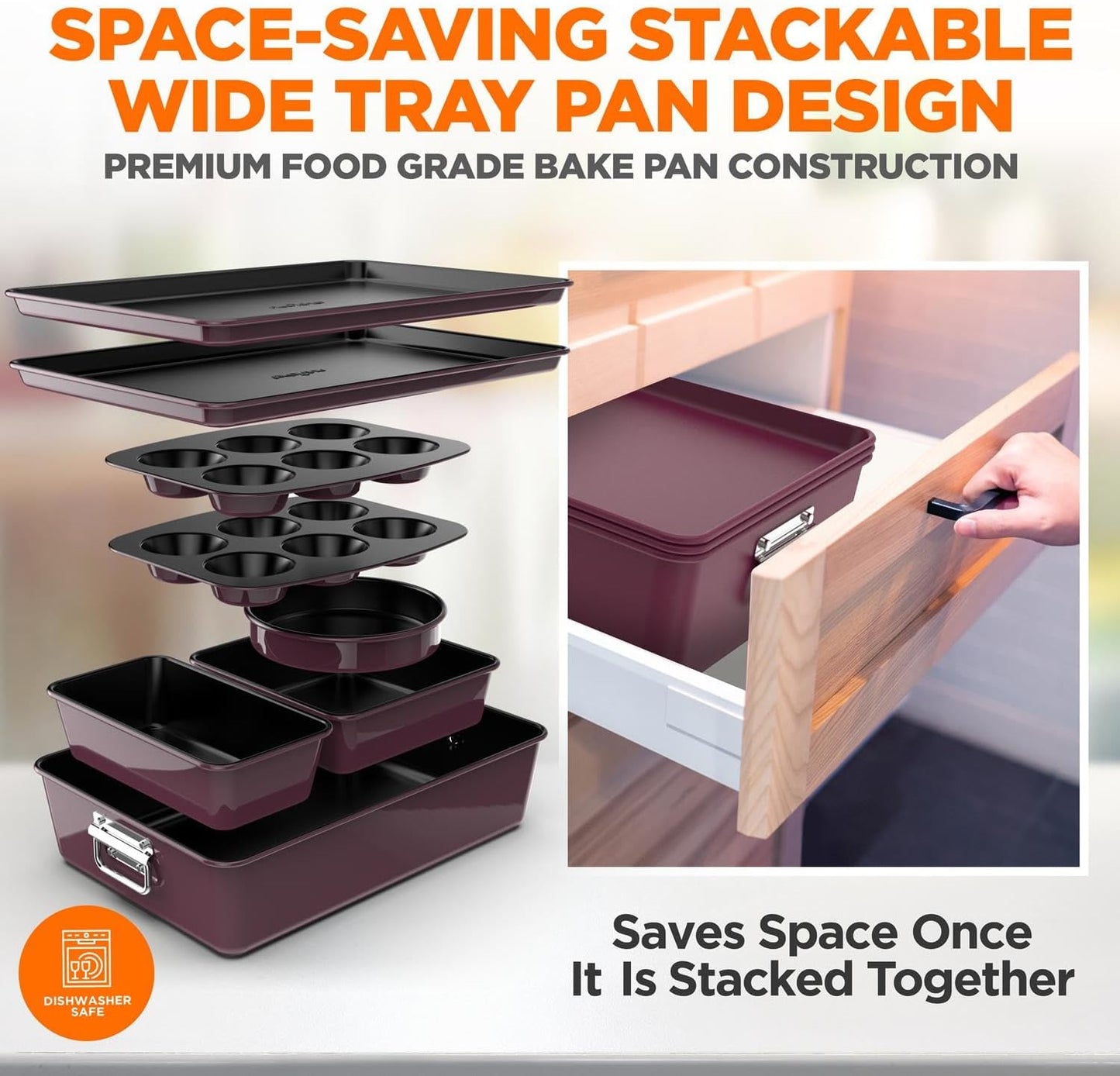 NutriChef 8-Piece Nonstick Stackable Bakeware Set - PFOA, PFOS, PTFE Free Baking Pan Set w/Non-Stick Coating, 450°F Oven Safe, Round Cake, Loaf, Muffin, Wide/Square Pans, Cookie Sheet (Plum)