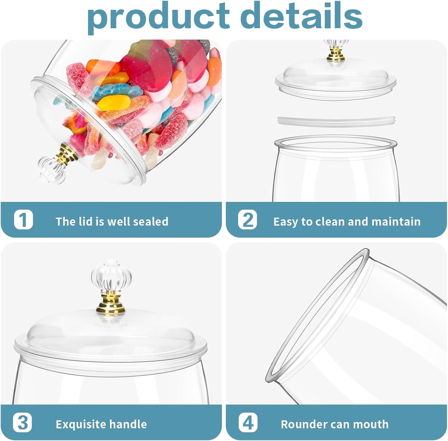 4 Pack 64 Oz Plastic Candy Jar with Lids, Airtight Clear Cookie Storage Containers, Leakproof Apothecary Style Kitchen Organization for Home, Wedding, Pantry & Bathroom Decor