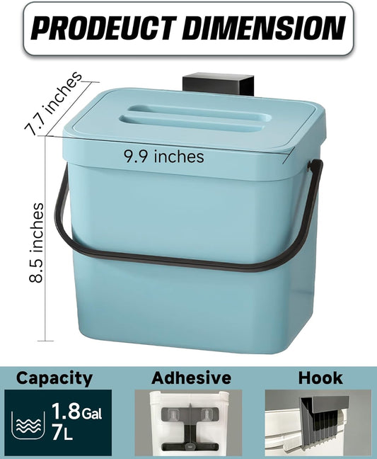 Kitchen Compost Bin - 1.8 Gallons Hanging Trash Can with Lid for Kitchen Cabinet Door, Under Sink, Wall Mounted Waste Bin for Bathroom, 7L(Subtle Blue)