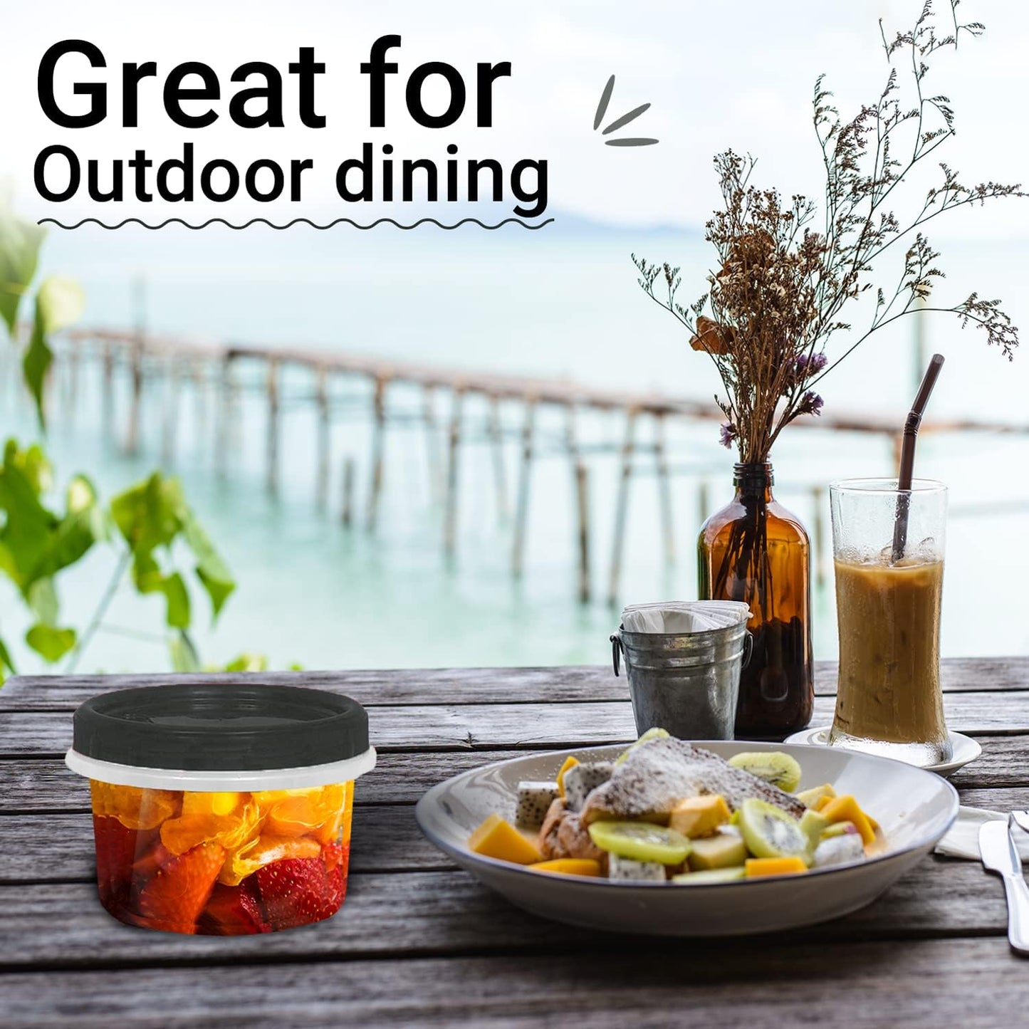 [Black - 12 Pk] Airtight Deli Containers with Lids Twist Lock Top Clear Food Storage for Meal Prep Snacks and Leftovers Freezer and Microwave Safe Stackable Leak-Resistant and 12 Pc. Set (16 Ounce)