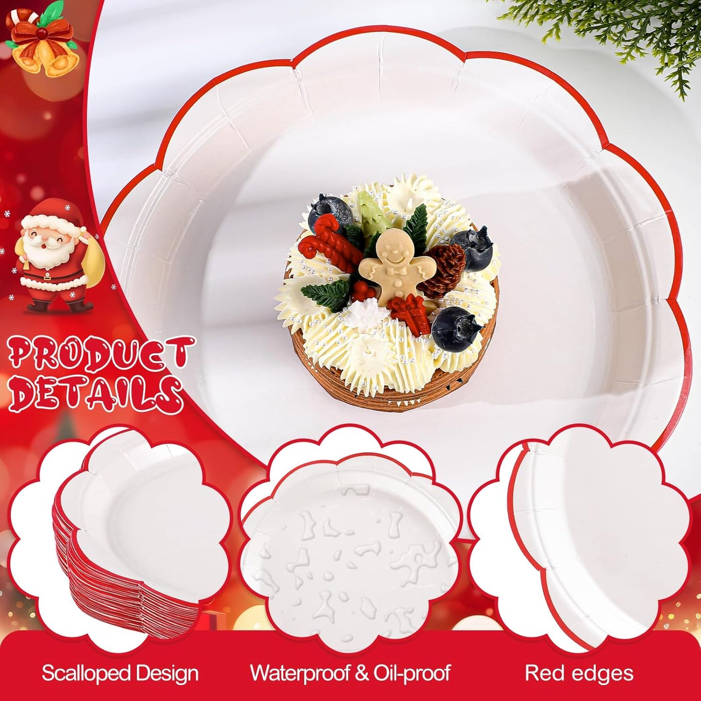 30 Pcs Christmas Paper Plates, 7 Inch White Plates with Red Trim Cute White Scalloped Paper Plate Disposable for Christmas, Baby Shower, Wedding, Bridal Shower