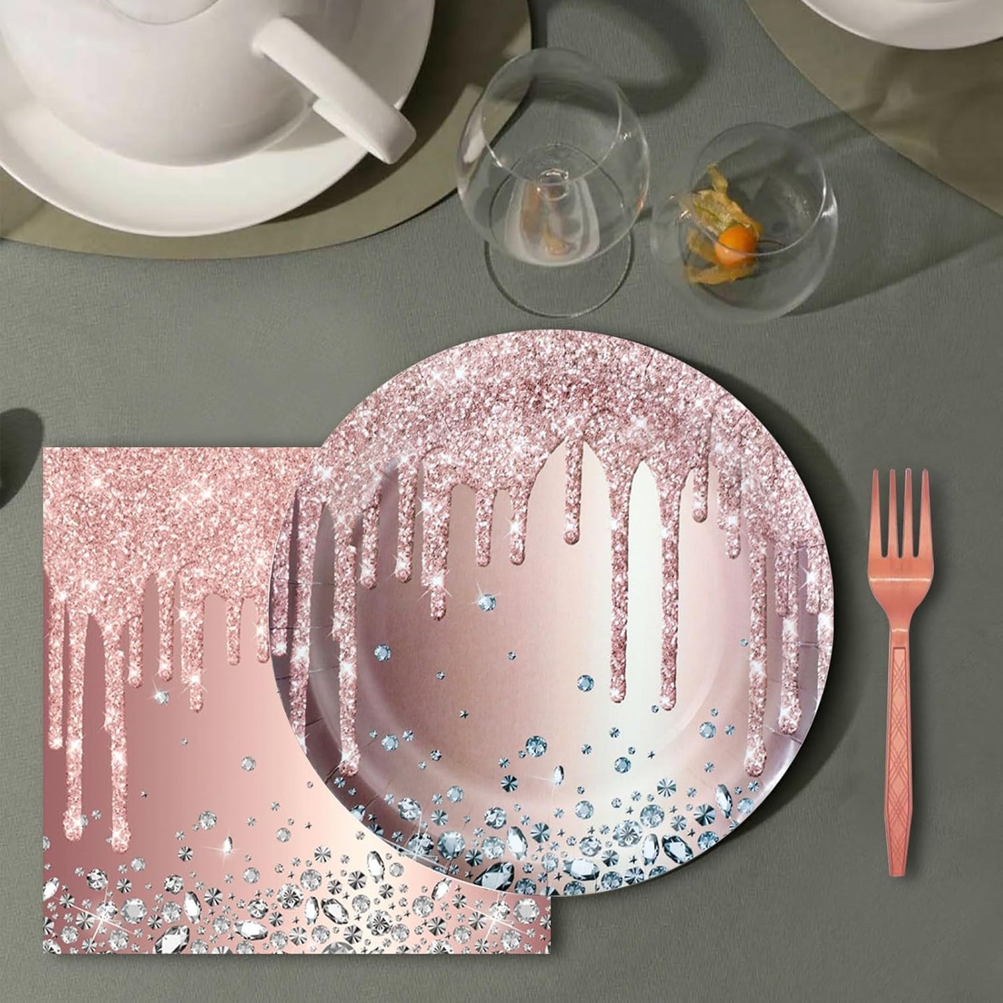 DTDO 96 Pcs Rose Gold Set Disposable Paper Plates Napkins and Forks Pink Party Decoration Rose Gold Themed Birthday Dinnerware for Girls Birthday Decorations, Serves 24