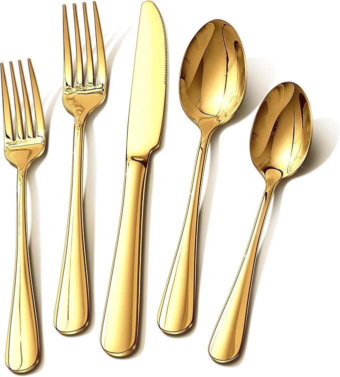 Gold Silverware Set for 8, 40 Piece Food-Grade Stainless Steel Flatware Set, Rust-proof Mirror Polished Cutlery Utensil Set Include Knives Forks Spoons for Kitchen Restaurant,Dishwasher Safe