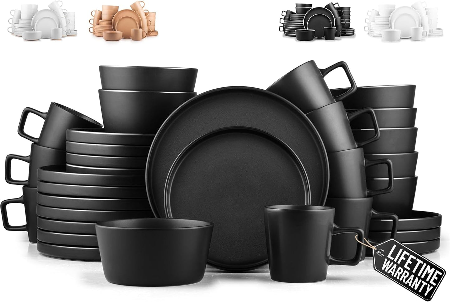 Zulay Kitchen Terra Stoneware 32-Piece Dinnerware Set, Artisanal Ceramic Plates and Bowls Set Crafted at 2300℉ - Service for 8, Black Matte