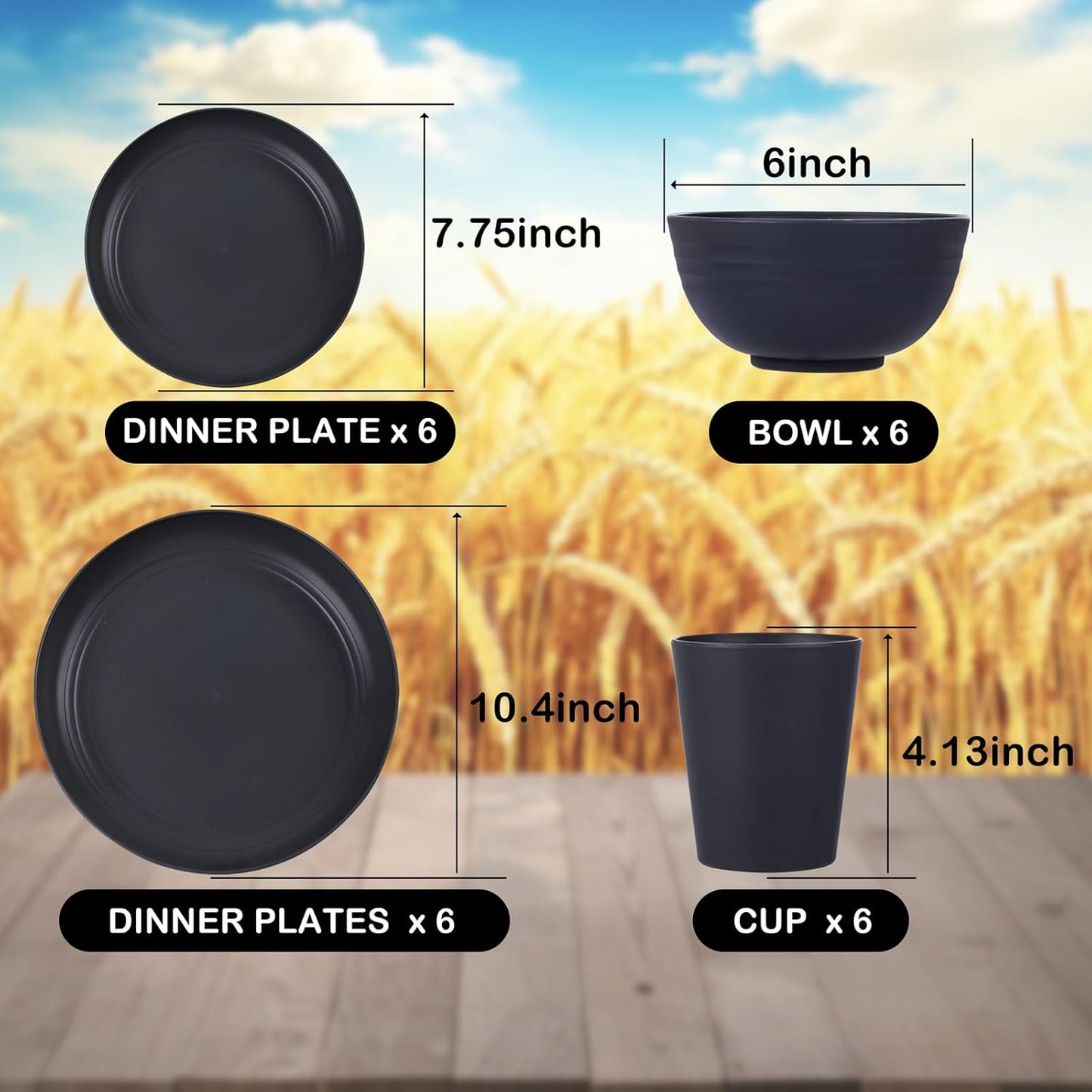 supernal 24pcs Wheat Straw Dinnerware,Unbreakable Dinner Plates Set,Microwave Dishwasher Safe,Black Reusable Plates for Picnic,Birthday,Camping