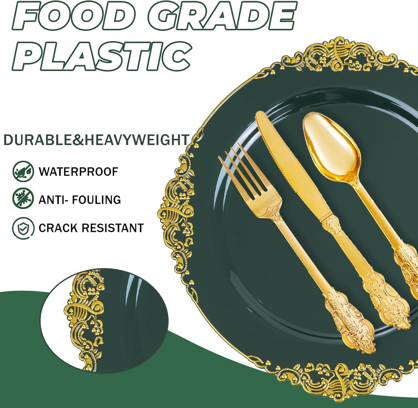 125PCS Green and Gold Plastic Plates - Fancy Green Disposable Plates - Vintage Christmas Plate with Gold Plastic Silverware Set for 25 Guests for Party Xmas Holiday