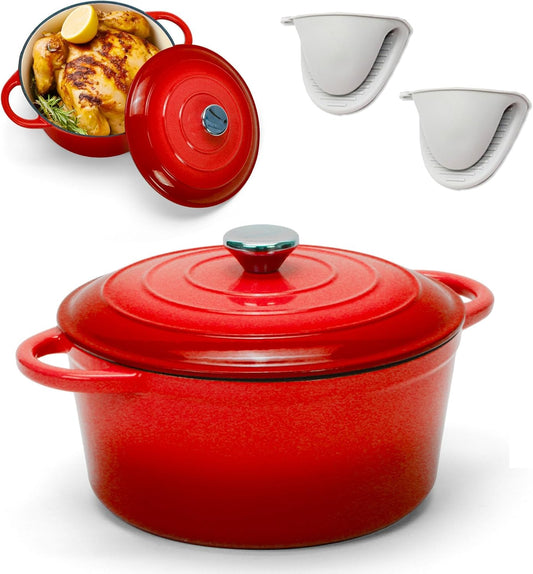 5 Quart Enameled Cast Iron Dutch Oven Pot with Lid, Dual Handle for Bread Baking, Heavy-Duty Cookware for Braising, Stews, Roasting (Red)