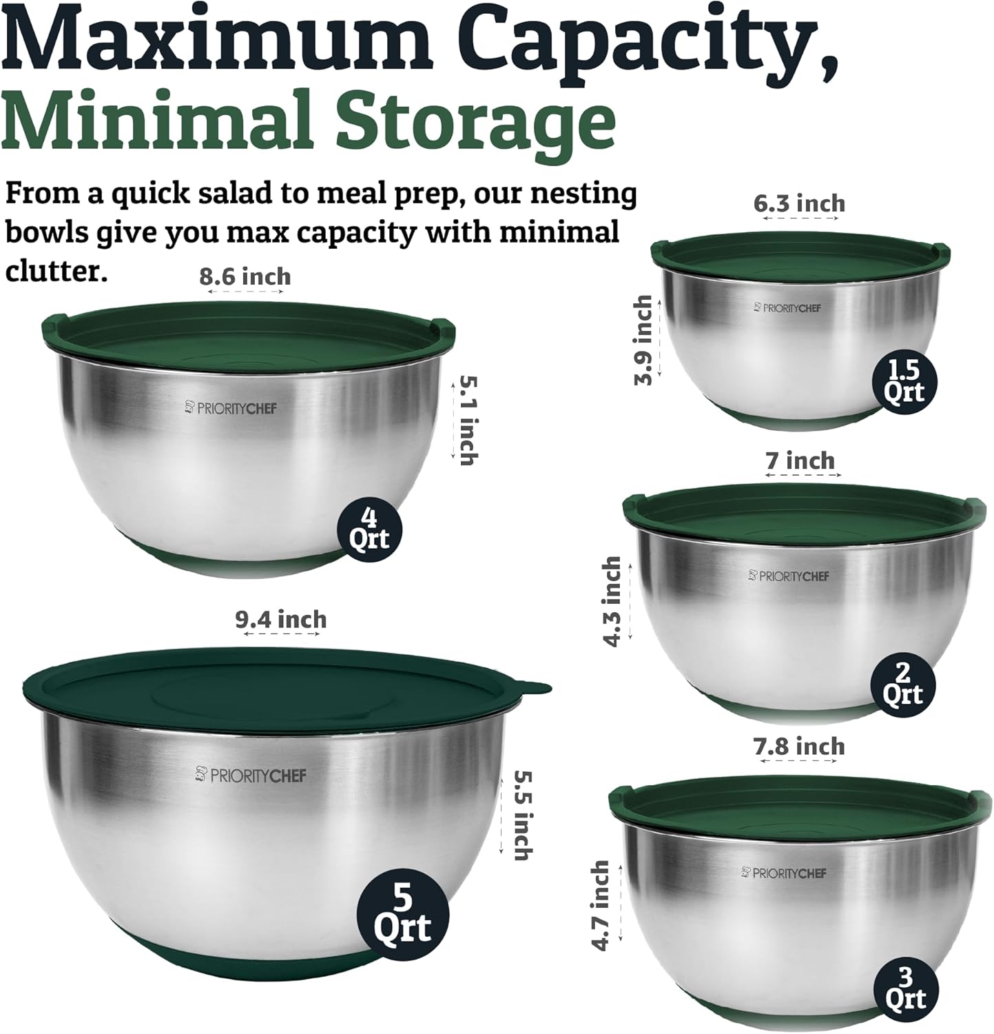 Priority Chef Stainless Steel Mixing Bowls with Lids Set, Metal Nesting Bowls with Airtight Lids, Graters, Non-Slip Base & Measurement Marks, Includes Utensil Set for Prep, Baking & Storage, Green