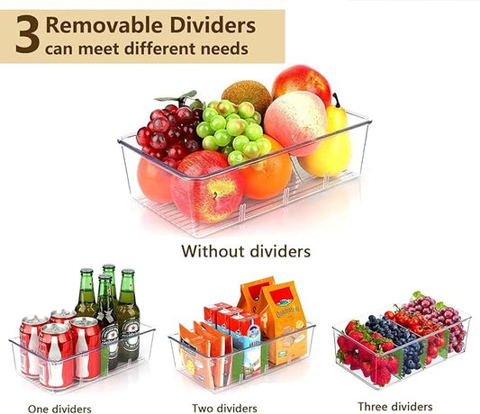 8 Pack Refrigerator Organizers and Storage,Clear Plastic Storage Bins with 3 Dividers for Pantry,Kitchen,Fridge Organization and Storage,Snack Containers for Spice Packets,Tea bag organizer