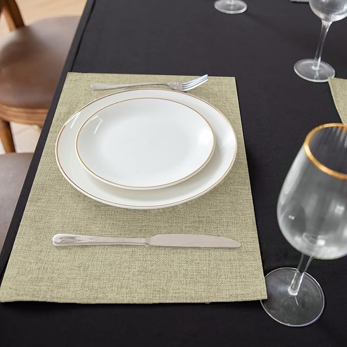Linen Fabric Placemats Set of 6, Machine Washable, Heat Resistant, Wrinkle Free, Thick Polyester Kitchen Place Mats for Dining Table (Beige)