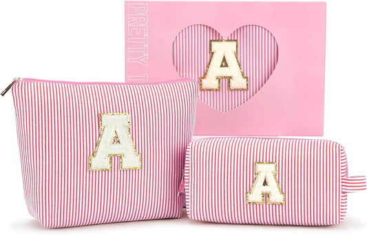 2 PCS Initial Makeup Bags for Women: Cosmetic Bag for Travel Toiletry - Birthday Gifts for 11 12 13 14 15 16 17 18 Years Old Girl Graduation Teacher Gift- Teen Girl Gifts Trendy Stuff - Pink O