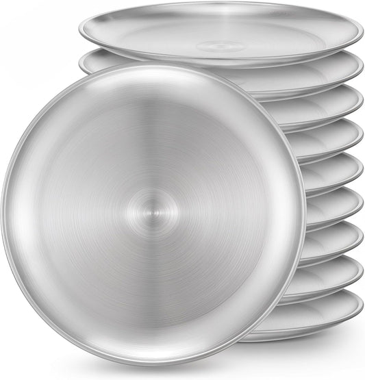 10Pcs Stainless Steel Dinner Plates, 10" Round Salad Plates, Serving Plate for Home Kichten, Outdoor Camping, Snack, Pizza and BBQ