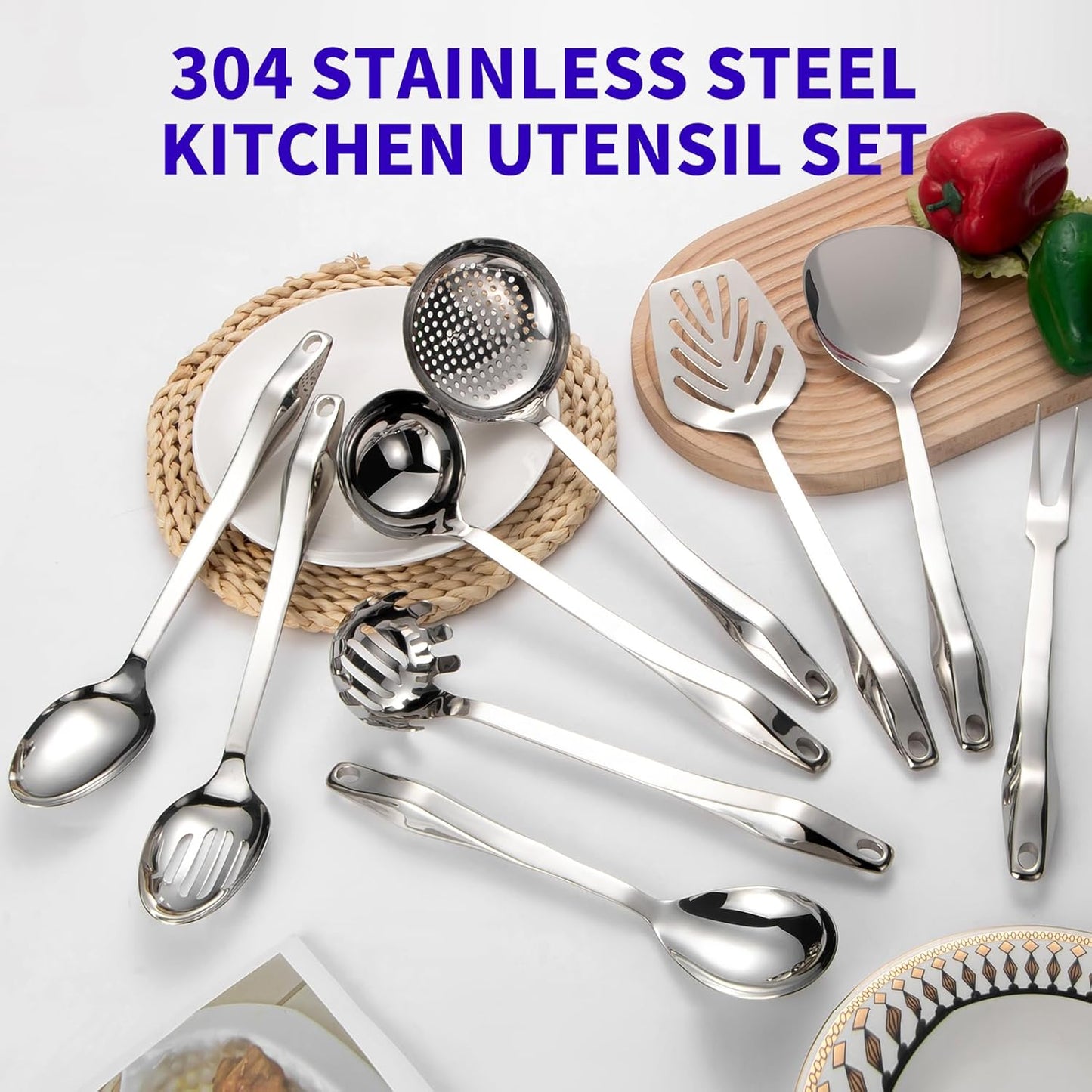 304 Stainless Steel Kitchen Utensil Set - 9pcs Cooking Utensils, Metal Kitchen Utensil Spatula Sets Cookware,High temperature resistance Kitchen Tool Set for Hanging Dishwasher Safe（Silver）