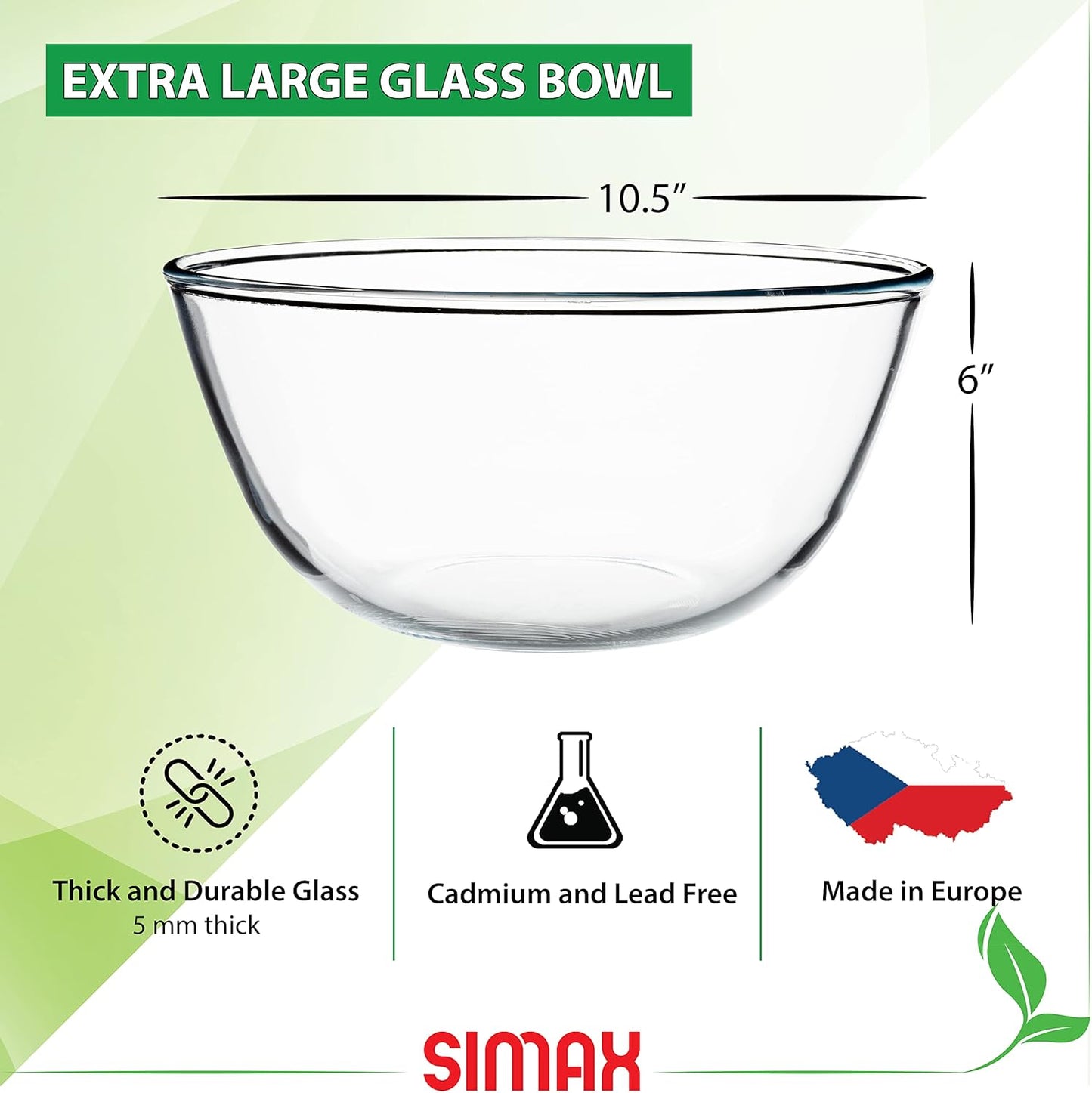 SIMAX Large Glass Mixing Bowl, 3.6 Qt Large Glass Bowl, Oven Safe Bowls, Borosilicate Glass Serving Bowls, Big Clear Glass Mixing Bowls for Cooking, Baking, Salad and Bread