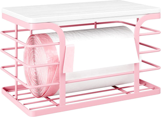 Small Grocery Bag Holder,Wall Mount Trash Bag Holder Dispenser with Bamboo Top,Suitable for Garbage Bags of 100 Rolls under 13 Gallons,Pink