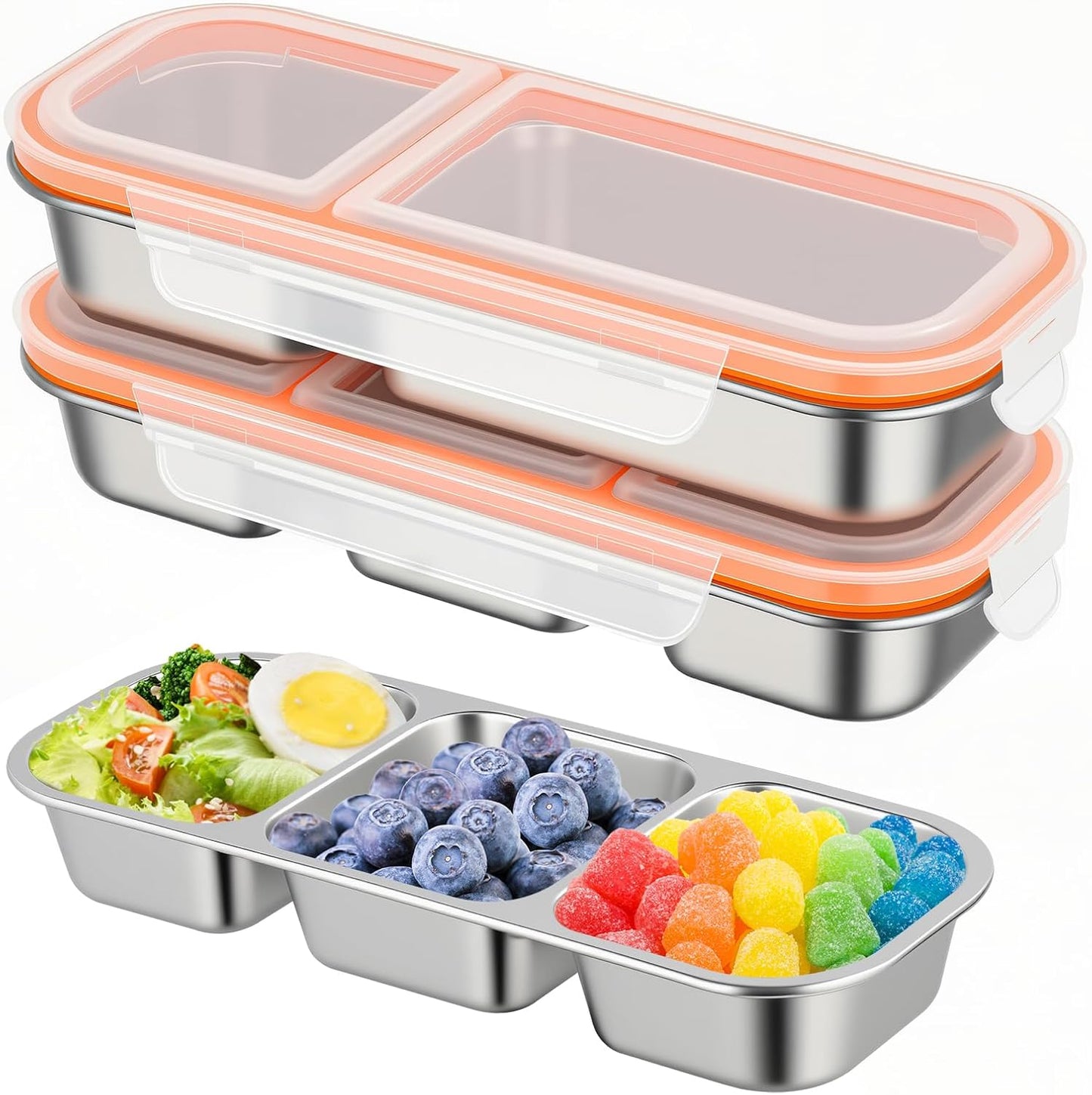2 Pack Stainless Steel Snack Containers with Lids, Multiple Compartment Leak-Proof Metal Bento Lunch Box, Reusable Divided Food Storage for Work, Travel, Camping