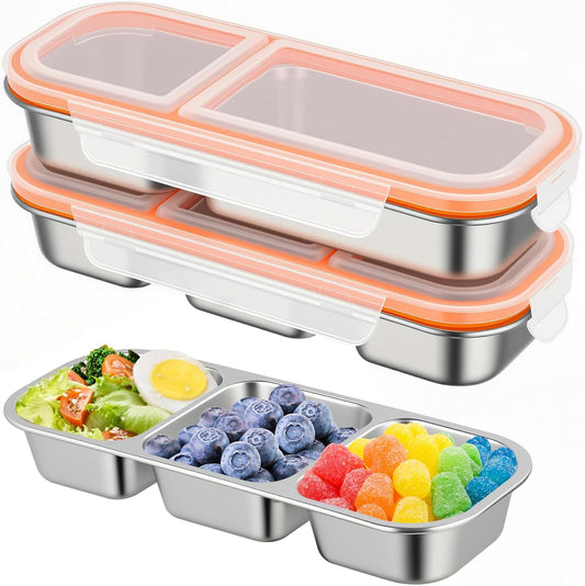 2 Pack Stainless Steel Snack Containers with Lids, Multiple Compartment Leak-Proof Metal Bento Lunch Box, Reusable Divided Food Storage for Work, Travel, Camping