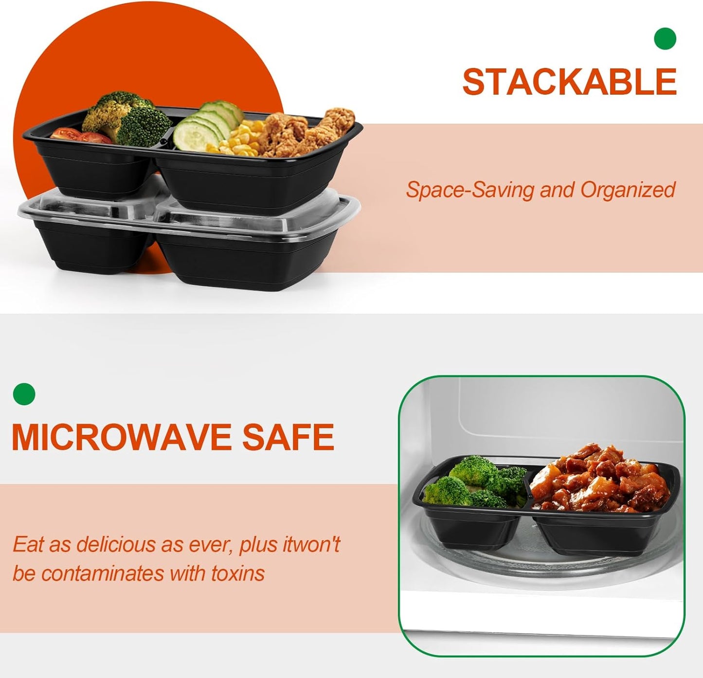 50 Pack Meal Prep Containers Reusable,2-Compartment Plastic Food Storage Containers with Lids,Bento Box,Microwave,Freezer,Dishwasher Safe,Lightweight & Durable,30oz