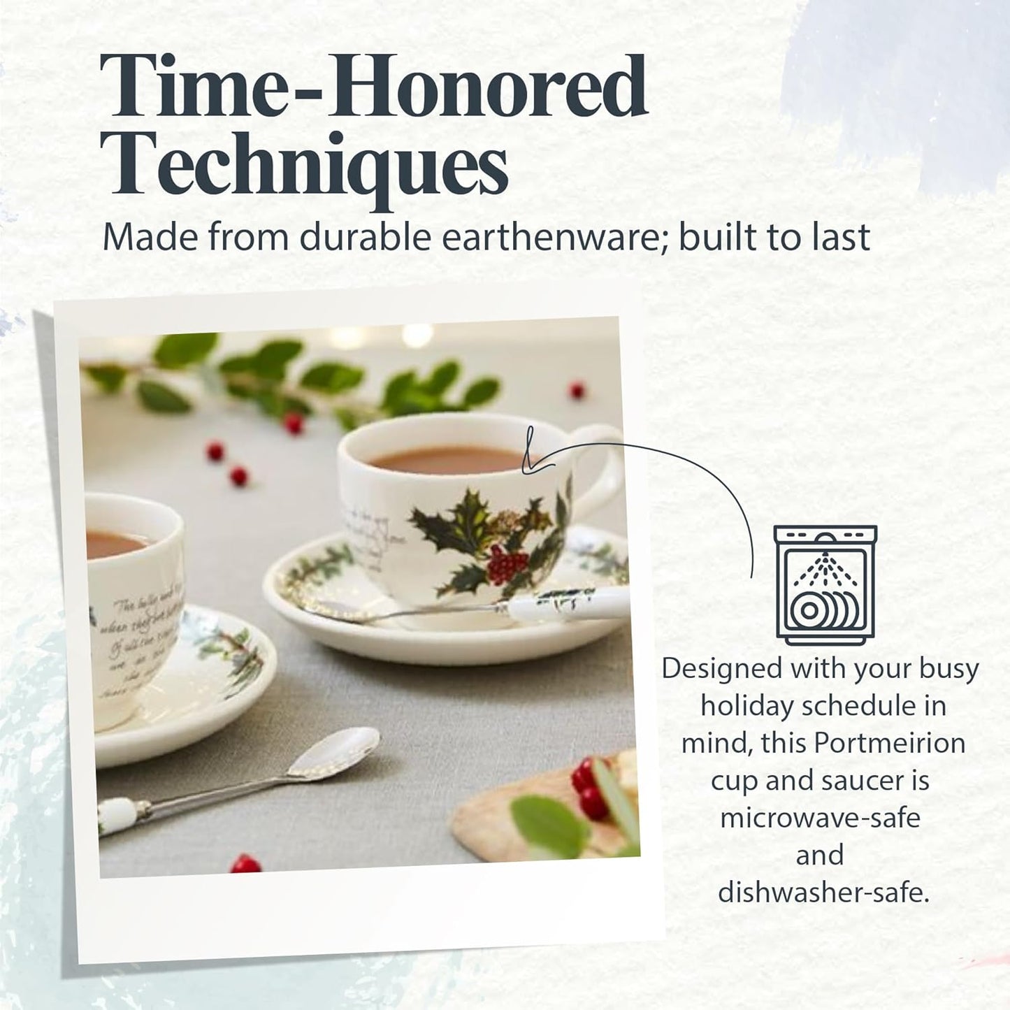 Portmeirion Holly and Ivy 7 oz Holiday Teacup and Saucer Set (Set of 6) - Earthenware Holly Motif, Festive Tableware for Christmas Tea Parties, Elegant Seasonal Gifts - Dishwasher & Microwave Safe