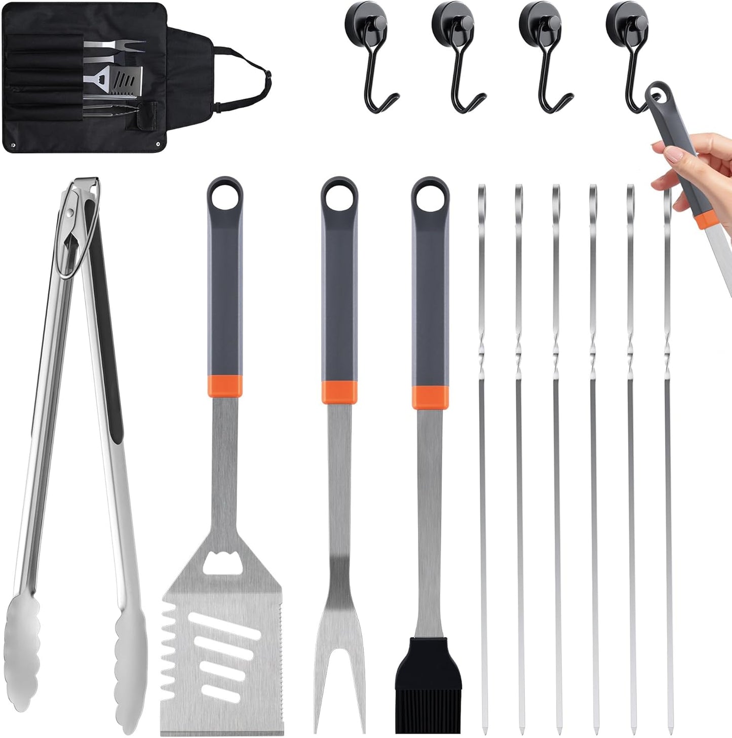 15-Piece Grill Set, BBQ Grilling Accessories with Tongs & Spatula, Stainless Steel Grill Utensils Set with Hooks & Apron Storage Bag for Outdoor Cooking, Camping, Practical Gifts for Men Dad