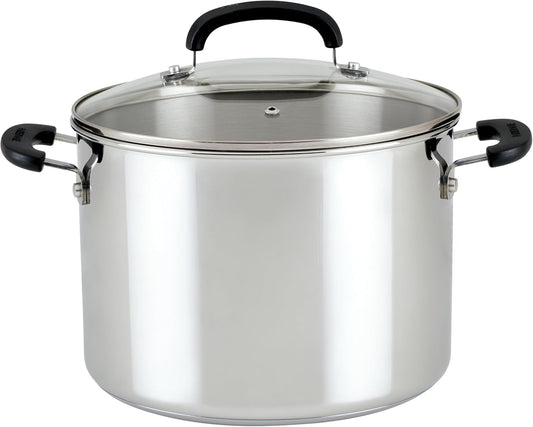 Farberware Brilliance Stainless Steel Stockpot with Glass Lid, 8 Quart, Dishwasher Safe and Induction Ready, Compatible with All Cooktops, Stainless Steel