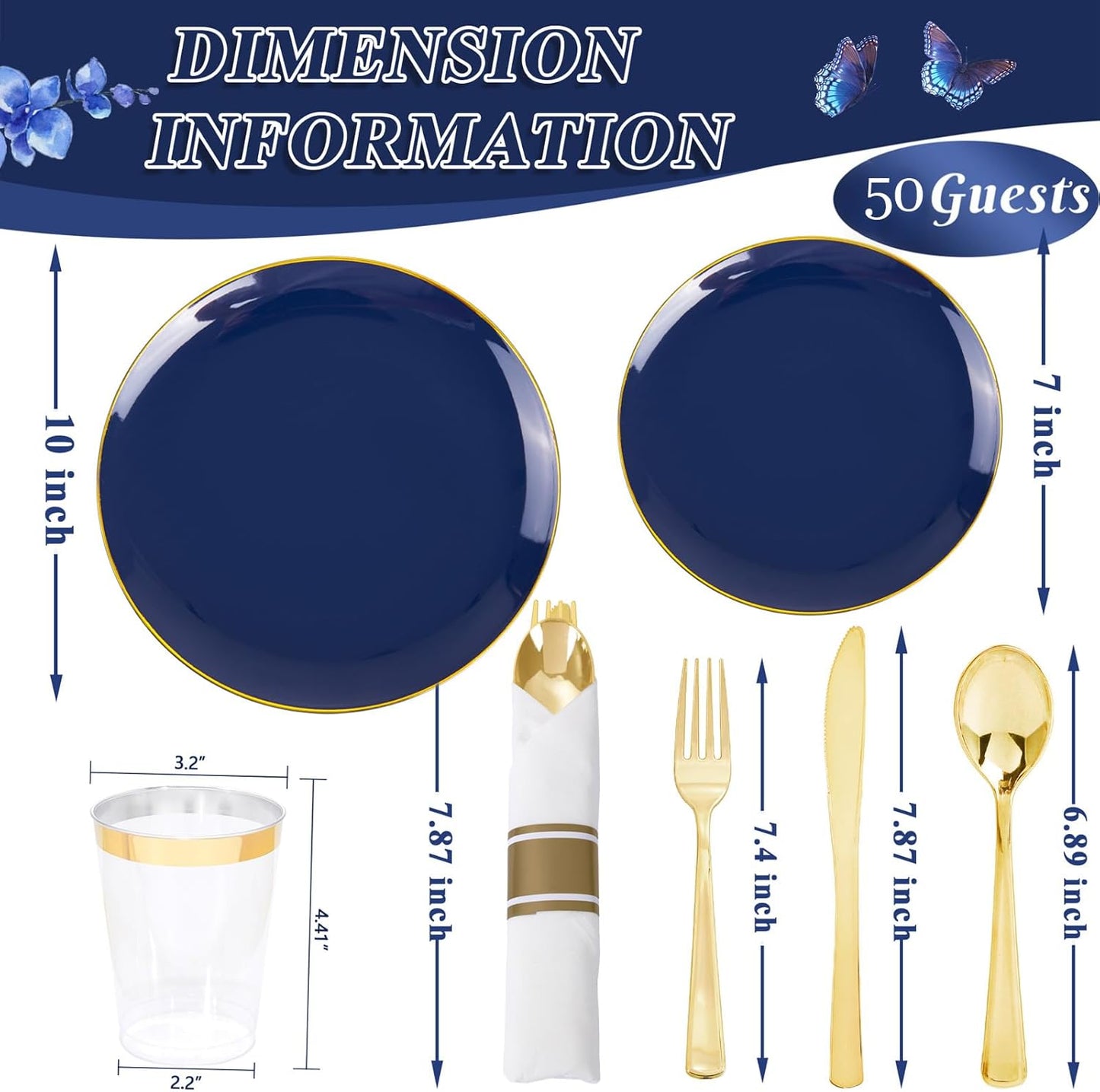 KIRE 350Pcs Blue and Gold Plates -Heavy Duty Navy Blue Dinnerware Set - 100 Plastic Plates 50 Pre Rolled Napkins with Gold Plastic Silverware 50 Cups for Upscale Birthday/Wedding/Parties