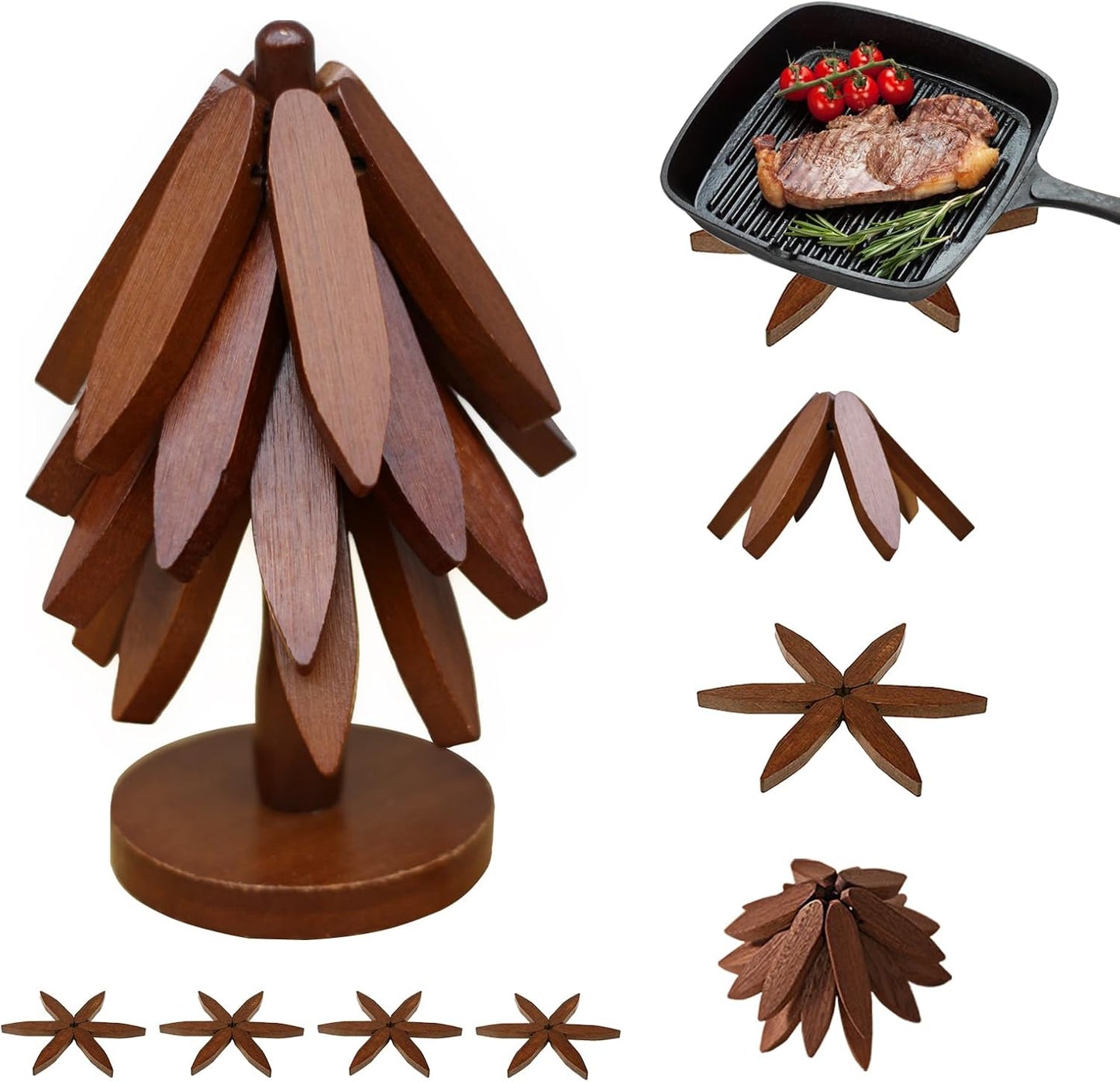 EGO LIFE Wooden Trivet Tree Set for Hot Dishes, 100% Natural Wood, Expandable Design Coaster, Foldable Tree-Sharped placemats with 4PCS(Walnut Color)