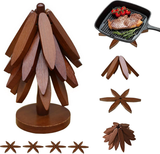 EGO LIFE Wooden Trivet Tree Set for Hot Dishes, 100% Natural Wood, Expandable Design Coaster, Foldable Tree-Sharped placemats with 4PCS(Walnut Color)