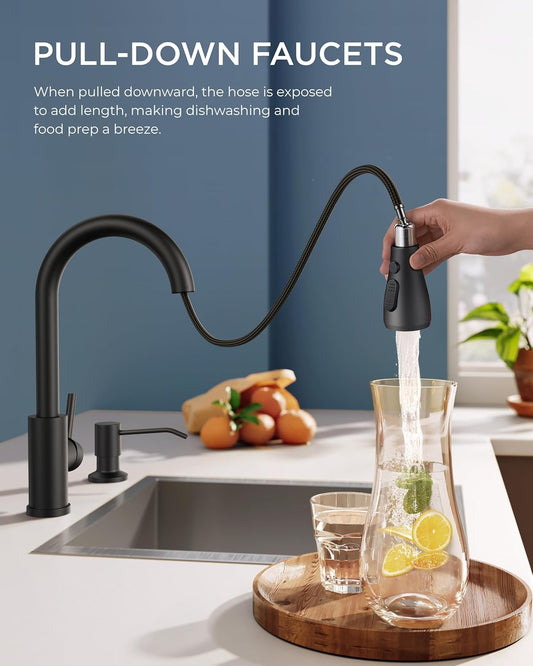 FORIOUS Black Kitchen Faucet with Soap Dispenser, Single Handle Stainless Steel Transitional Sink Faucet with Pull Down Sprayer 1 or 3 Hole, Suitable for Farmhouse Laundry Camper RV Bar