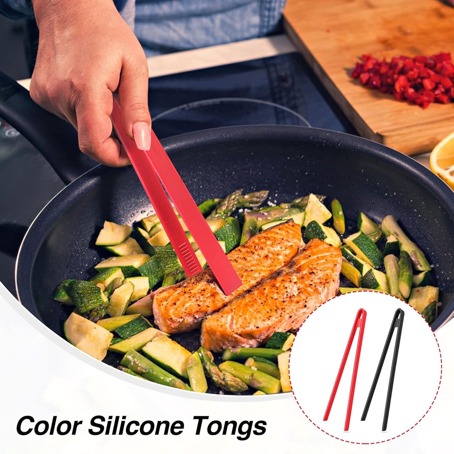 2-Piece Silicone Trivet & Tongs, 11.8 Inch, Non-Stick, Heat Resistant, BBQ & Grilling Tongs for Pan Fried Steak & Toaster (Black, Red)