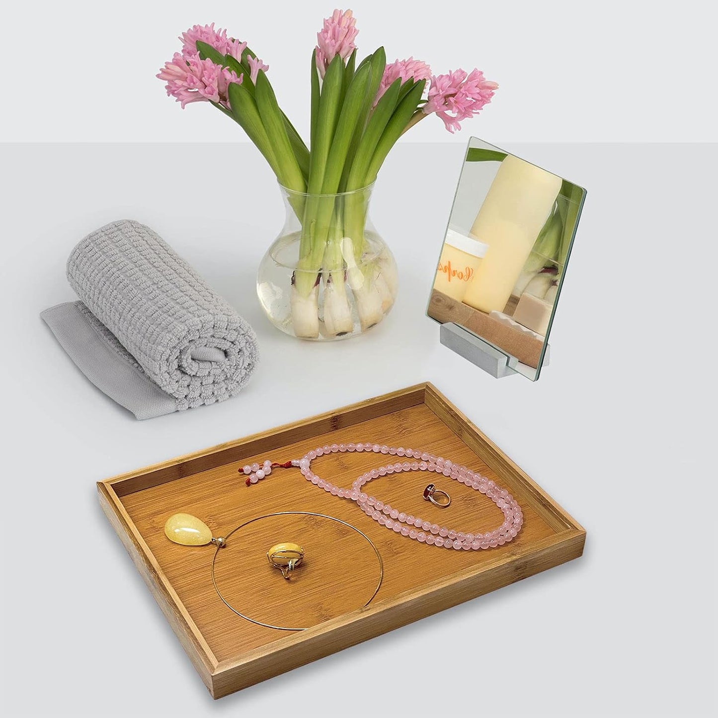 Bam & Boo Natural Bamboo Serving Tray Modern Rectangular (Bamboo, 15.75” x 11" x 1.2") for Food, Drinks, Decor, Vanity in Home, Kitchen, Bathroom, Coffee Table, Bed