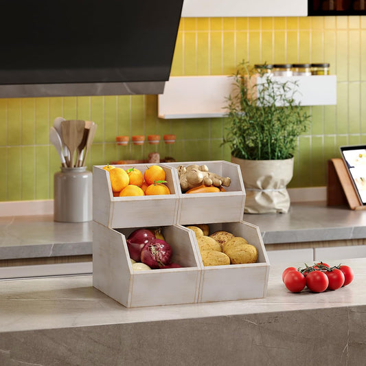 2 Set Bamboo Pantry Storage Bins Wood Stackable Baskets Potato and Onion Storage Bins Fruits Vegetable Bread Organization for Kitchen Counter