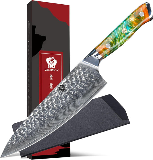 WILDMOK Chef Knife,8 inch Damascus Japanese kitchen knives,VG10 Steel&Resin Handle Chef Knife,Hammered Finish chef's knives,Japanese damascus knife Including Gift Box
