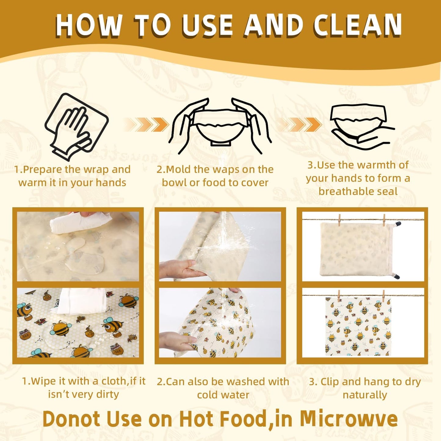 1 Large Beeswax Bread Bags for Homemade Bread Sourdough & 3 Beeswax Wraps, Easy to Clean Reusable Beeswax Breads Bags for Sourdough, 17 X 13 Inch Charming Honeybee Pattern Food Storage Bag