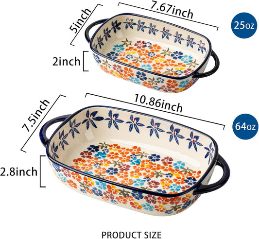 Retro pastoral style Ceramic Baking Dish Rectangular Bakeware Set Baking Pan, 2-piece Hand-painted Porcelain Baking pan with handle, Casserole Dish for Oven/Cooking/Kitchen (Colorful Flower)