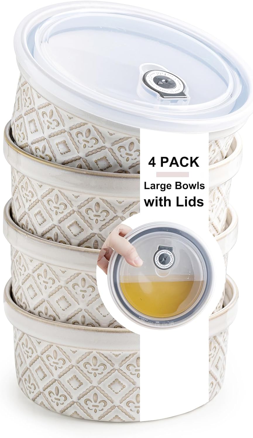40 Oz Ceramic Airtight Bowls Set of 4 - Large Mixing Bowls with Lids Set for Salad, Pho, Soup, Pasta, Dessert, Serving, Oatmeal, Baking Dishes, Dishwasher & Microwave Safe, Beige