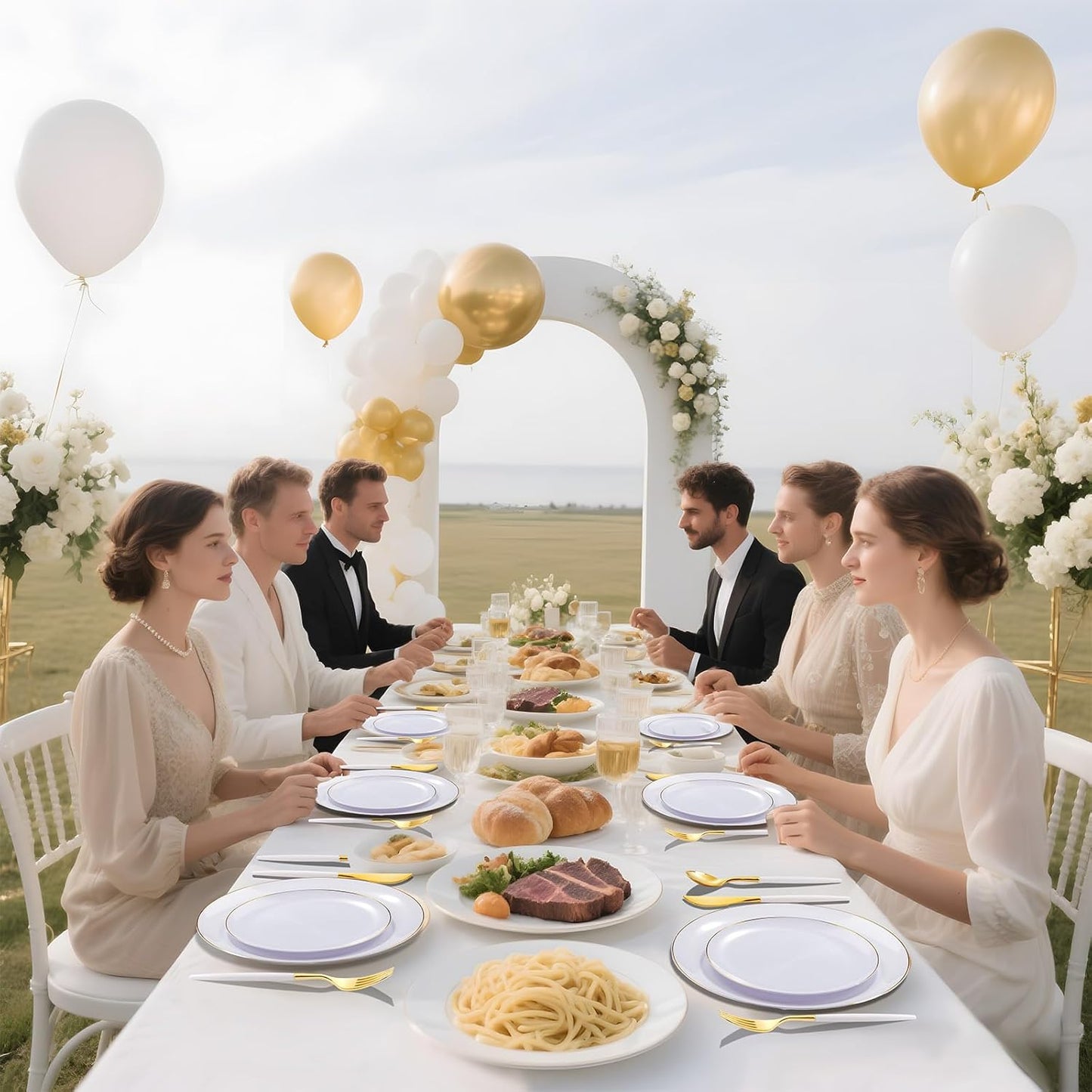 DaYammi 30 Guests Gold Plastic Plates with Disposable Silverware,Gold Cutlery with White Handle,White Golden Disposable Dinnerware:60 Dinner/Dessert Plates,90 Plastic Silverware Set for Wedding Party