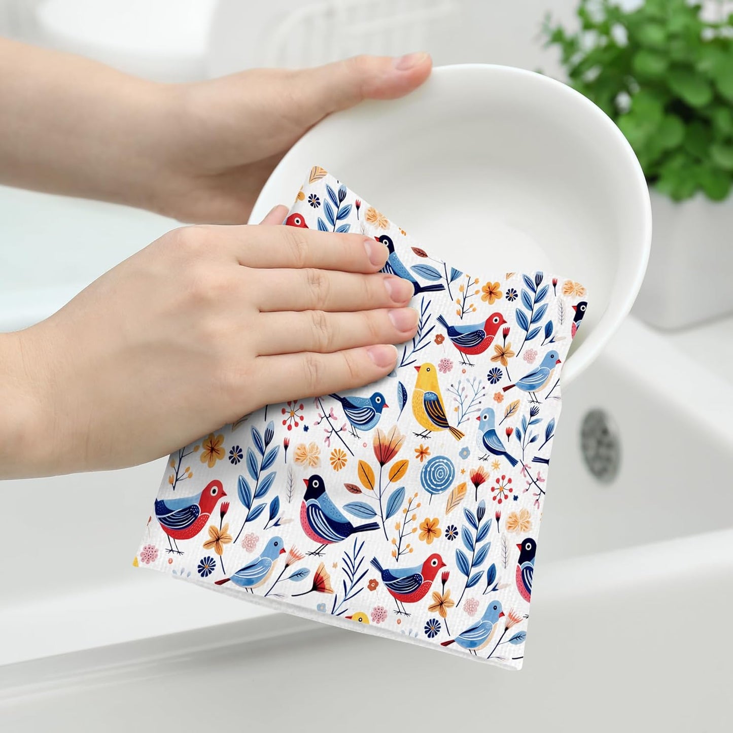 Floral Birds Kitchen Towels Decorative Set of 2 with Hanging Loop, Absorbent Spring Summer Dish Towels for Kitchen,Birds Lover Gifts Farmhouse Tea Towels Hand Towels for Kitchen Decor