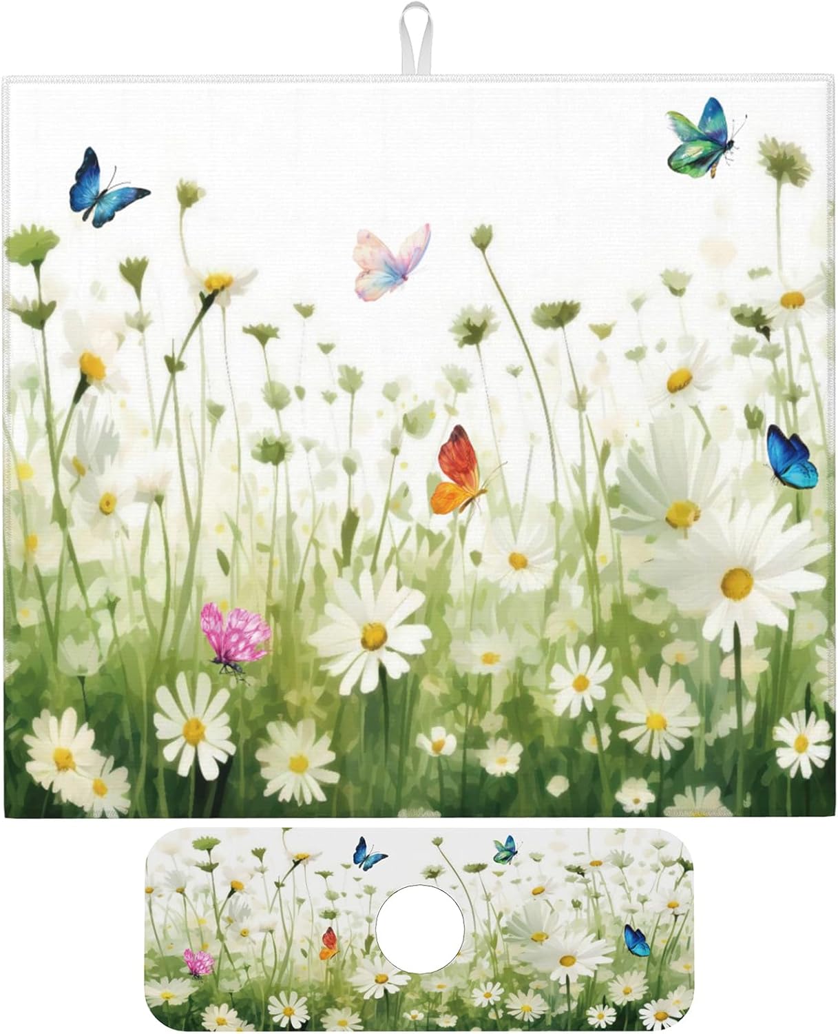 Vintage Watercolor Daisy Butterfly Dish Drying Mat for Kitchen Counter, 16"x18" Microfiber Absorbent Fast Dry Mat, 2Pcs Dish Mat Faucet Mats Sets, Large Drying Kitchen Mat Kitchen Drying Pad