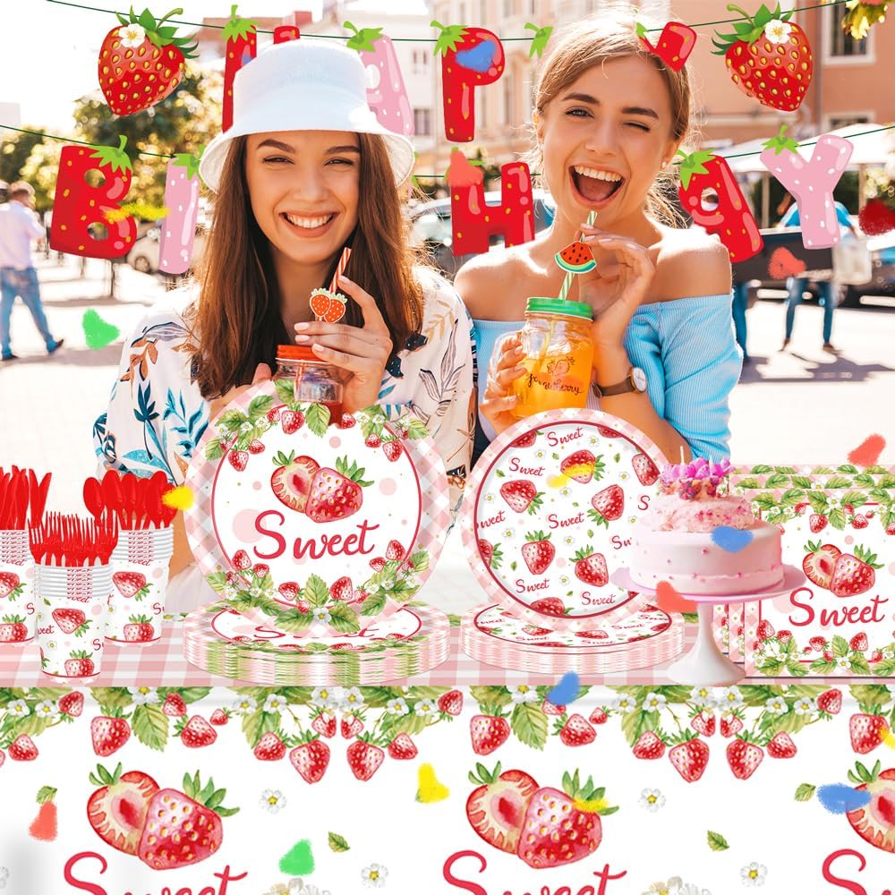 142 Pcs Strawberry Birthday Decorations Berry First Birthday Decorations Strawberry Themed Plates Cups and Napkins Sets Serves 20